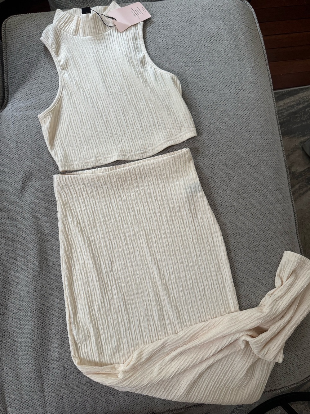 SHEIN Cream Ribbed Maxi Skirt with Matching Crop Top Set